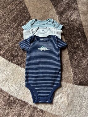 3-Carter's Navy, Light Blue & Gray Striped Dino Short-Sleeve Onesies